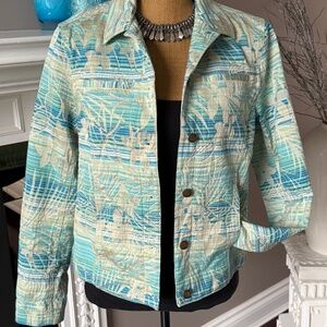 Caribbean Joe Tropical Print Denim Style Jacket Size M Resort Wear